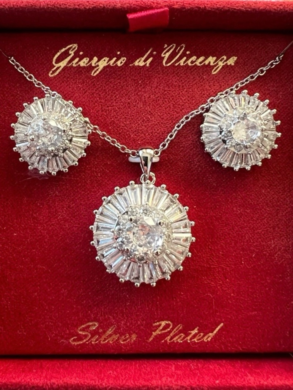 Silver-Plated Clear Crystal Sunburst Necklace & Earrings Set